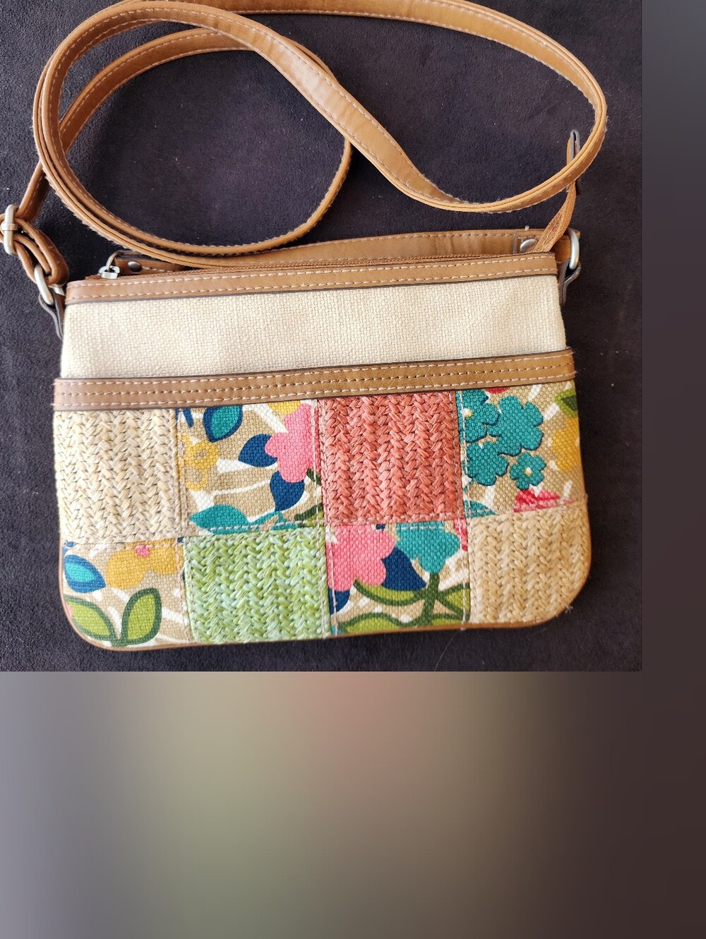 Relic by Fossil Patchwork Floral Canvas Straw Crossbody Bag Vintage Y2K Boho